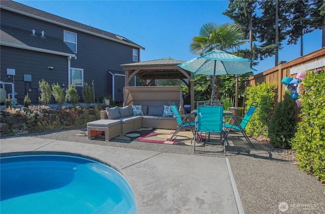 pool featuring fence, a gazebo, an outdoor hangout area, outdoor dining space, and a patio