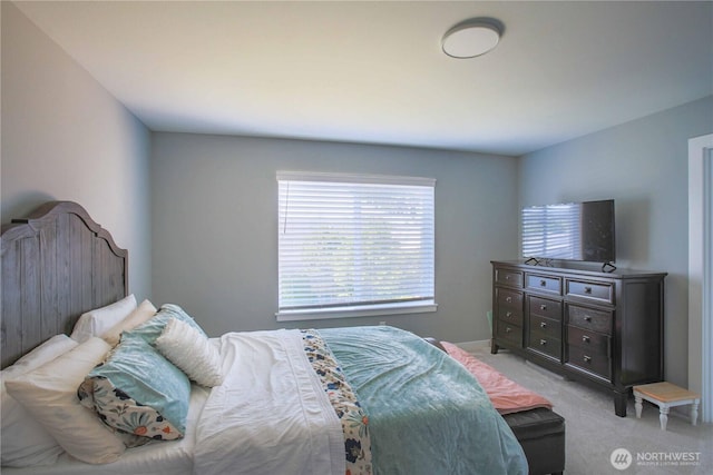 bedroom with light carpet