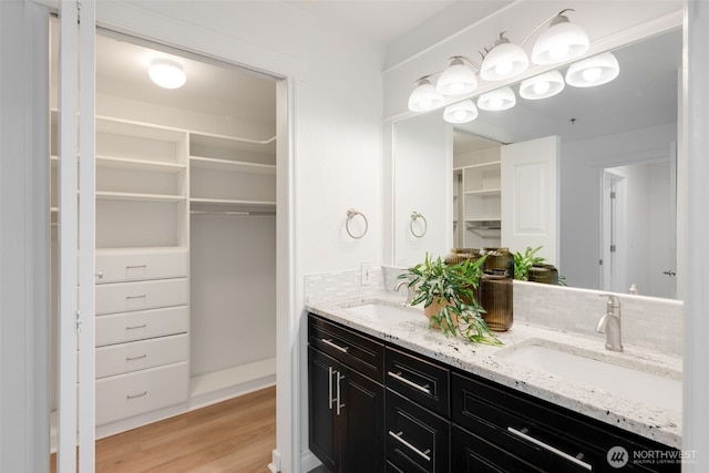 bathroom featuring a spacious closet, backsplash, wood finished floors, and a sink