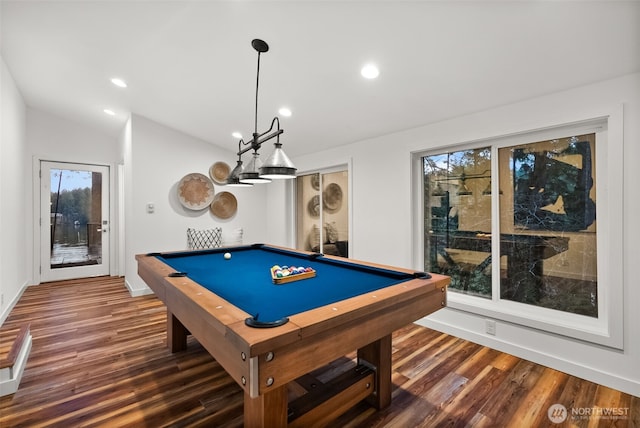 recreation room with billiards, lofted ceiling, recessed lighting, dark wood-type flooring, and a wealth of natural light