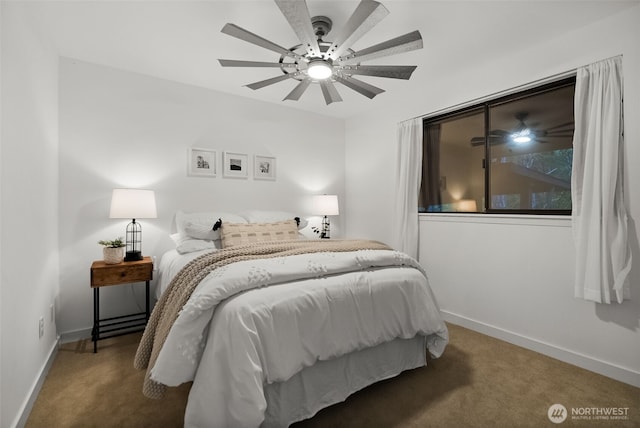 carpeted bedroom featuring a ceiling fan and baseboards