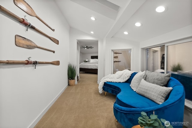 bedroom with carpet flooring, recessed lighting, baseboards, and vaulted ceiling