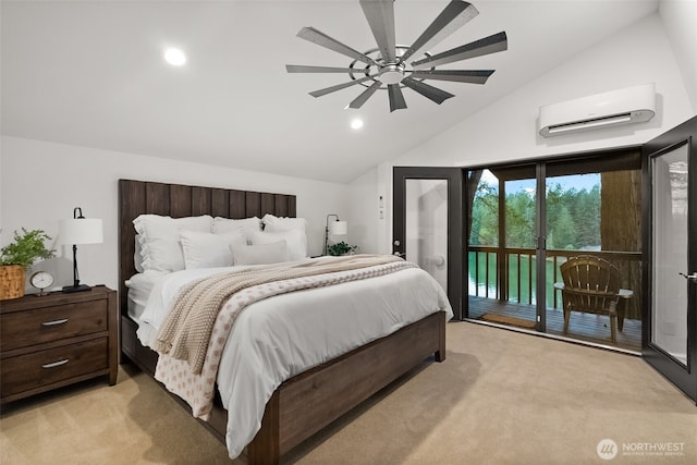 bedroom featuring vaulted ceiling, light carpet, recessed lighting, a wall mounted AC, and access to outside