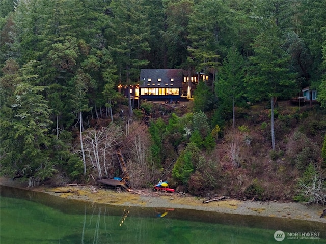 birds eye view of property with a view of trees and a water view