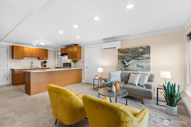 living area with recessed lighting, light colored carpet, and a wall unit AC