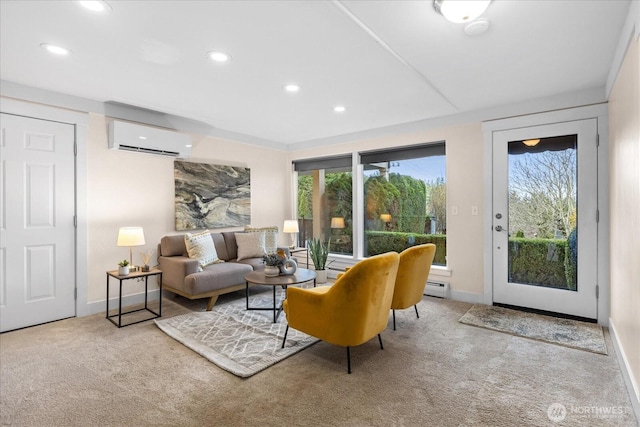 carpeted living room with an AC wall unit, plenty of natural light, recessed lighting, and baseboard heating