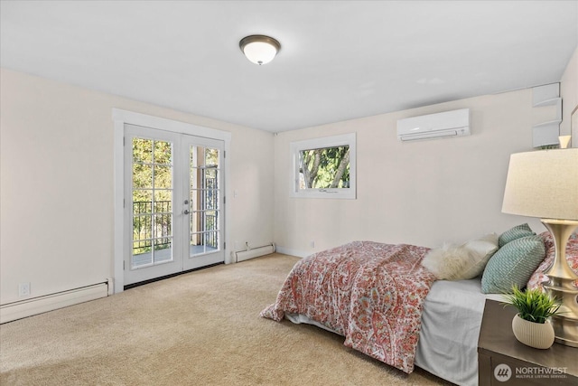 bedroom featuring an AC wall unit, french doors, carpet flooring, a baseboard radiator, and access to exterior