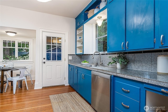 bar with dishwasher, wood finished floors, tasteful backsplash, and a sink