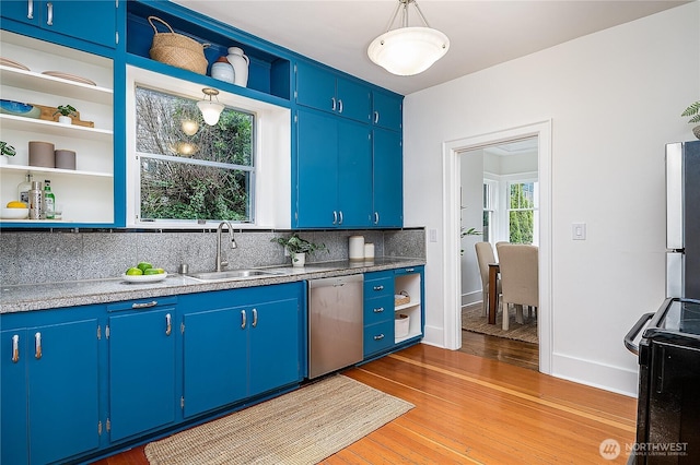 kitchen featuring light wood finished floors, open shelves, a sink, stainless steel appliances, and tasteful backsplash