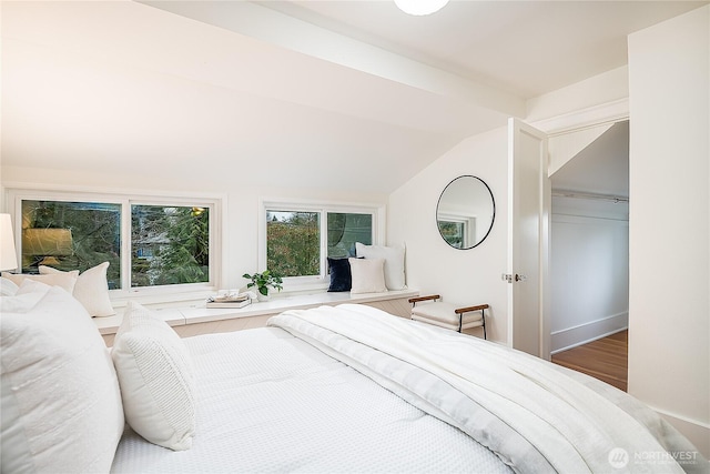 bedroom with vaulted ceiling and wood finished floors