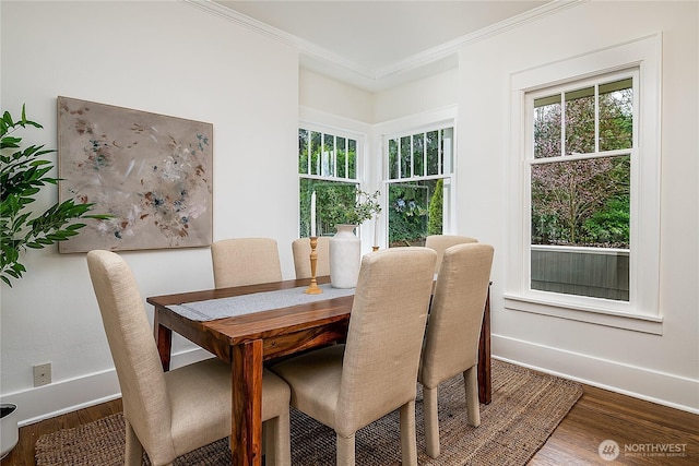 dining area featuring baseboards, dark wood-style flooring, and crown molding