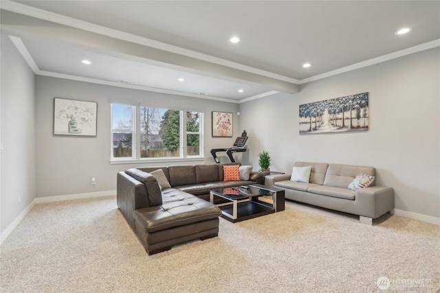 living room with recessed lighting, baseboards, carpet floors, and crown molding