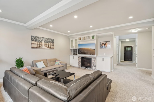 living area featuring recessed lighting, light colored carpet, baseboards, and ornamental molding