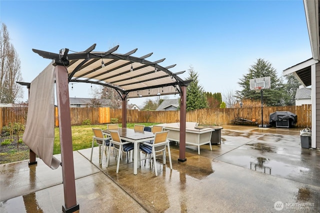 view of patio / terrace with outdoor dining area, a fenced backyard, a pergola, and grilling area