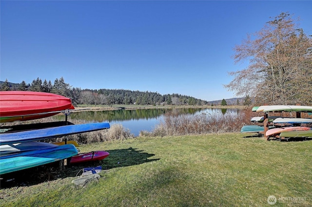 view of dock featuring a forest view, a yard, and a water view