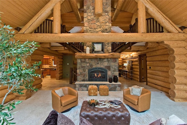 living room featuring a stone fireplace, wood ceiling, wood finished floors, and high vaulted ceiling