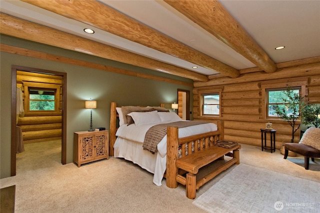 carpeted bedroom featuring beamed ceiling, recessed lighting, and rustic walls