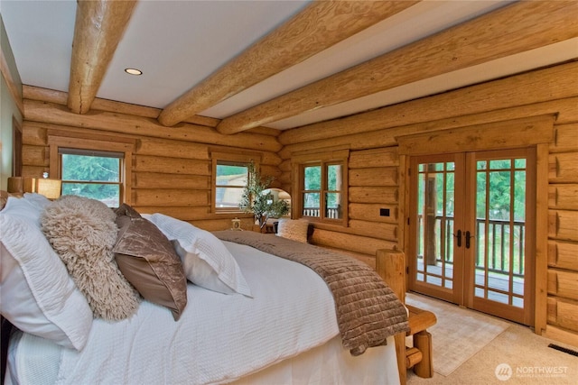 carpeted bedroom featuring access to outside, visible vents, french doors, beamed ceiling, and rustic walls