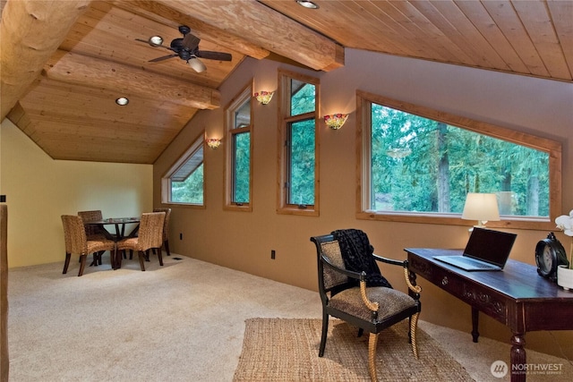 office space with carpet flooring, wooden ceiling, and vaulted ceiling with beams