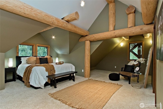 carpeted bedroom with vaulted ceiling with beams