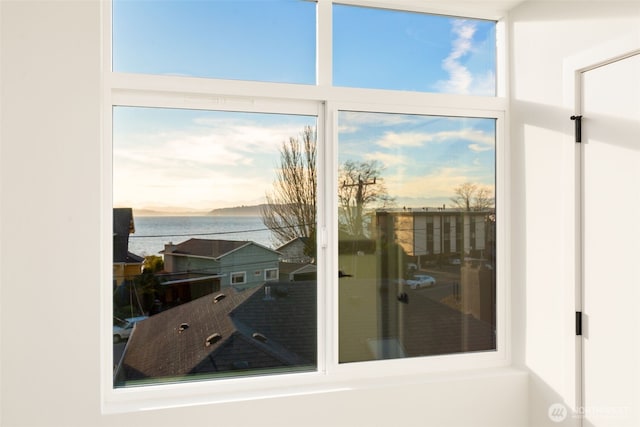 interior details with a water view