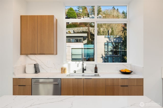 3833 59th Ave SW, Seattle, WA 98116 - kitchen with a sink, stainless steel dishwasher, modern cabinets, decorative backsplash, and light stone countertops
