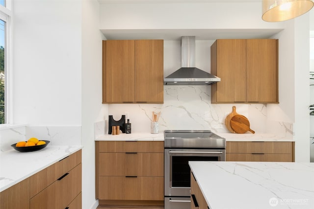 3833 59th Ave SW, Seattle, WA 98116 - kitchen with wall chimney range hood, stainless steel electric stove, and modern cabinets