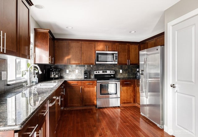 kitchen featuring backsplash, dark wood-type flooring, dark stone counters, stainless steel appliances, and a sink