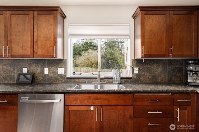 kitchen featuring stainless steel dishwasher, dark stone counters, backsplash, and a sink