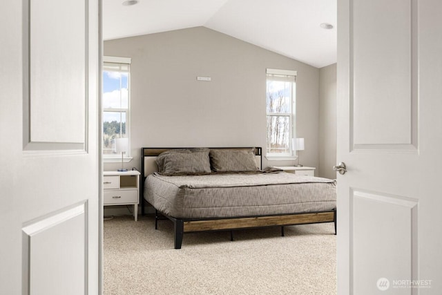 bedroom featuring lofted ceiling and carpet