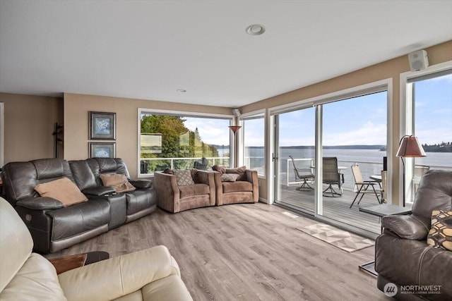 living room with a water view, a healthy amount of sunlight, and light wood-style flooring