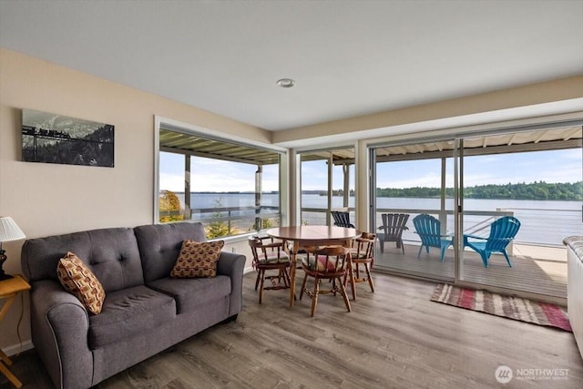 living area with a water view and wood finished floors