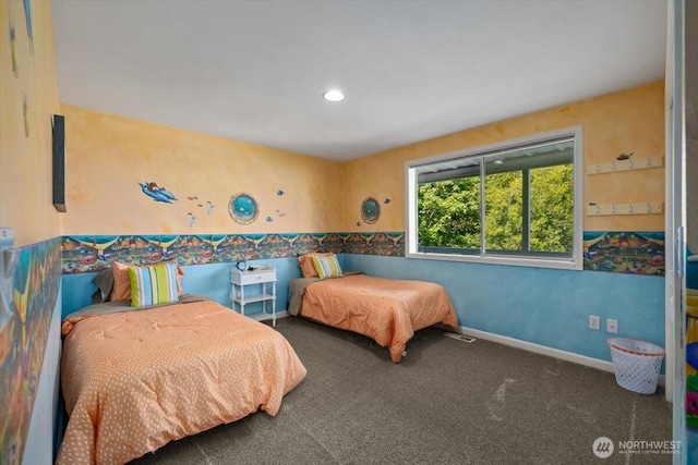 carpeted bedroom with recessed lighting and baseboards