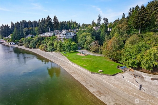 aerial view featuring a water view