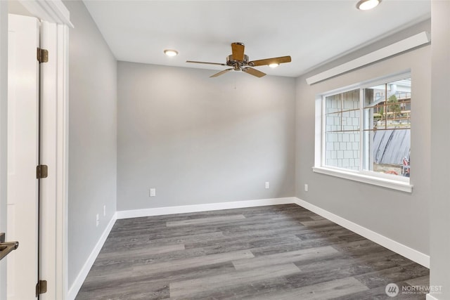 unfurnished room featuring dark wood-style floors, recessed lighting, a ceiling fan, and baseboards