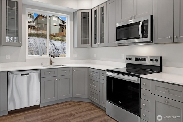 kitchen featuring a sink, gray cabinetry, dark wood-type flooring, stainless steel appliances, and glass insert cabinets