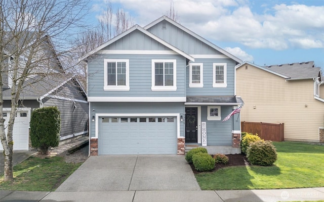 craftsman inspired home with an attached garage, board and batten siding, a front lawn, fence, and driveway