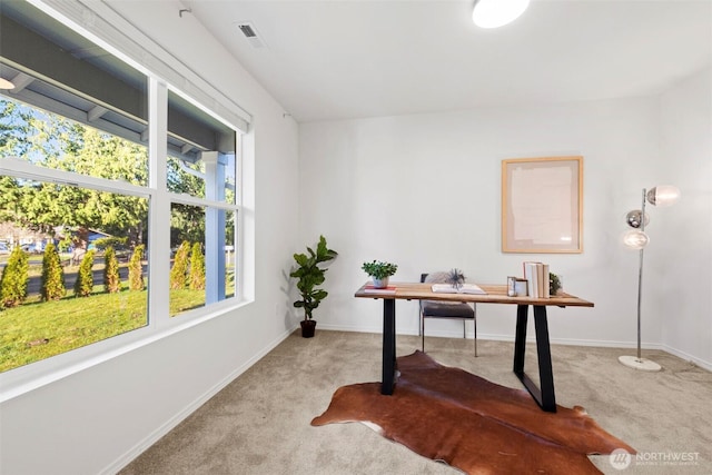 home office featuring visible vents, baseboards, and carpet