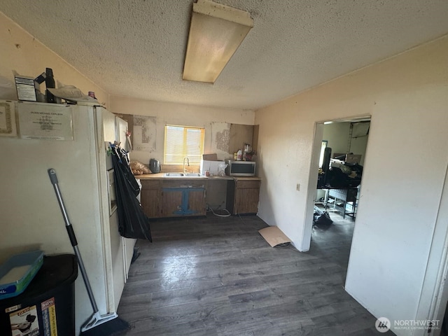 kitchen featuring dark wood-style floors, stainless steel microwave, a textured ceiling, and a sink