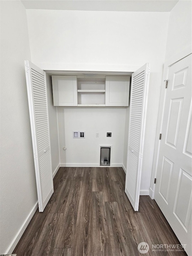 laundry area featuring hookup for a washing machine, dark wood-style floors, baseboards, and electric dryer hookup