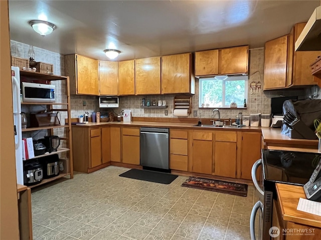 kitchen featuring a sink, tasteful backsplash, under cabinet range hood, and stainless steel appliances