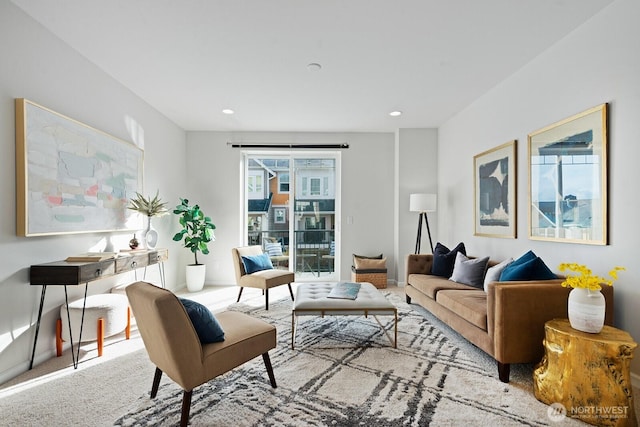 living room featuring carpet flooring and recessed lighting