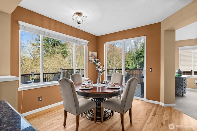 dining area with light wood-type flooring and baseboards