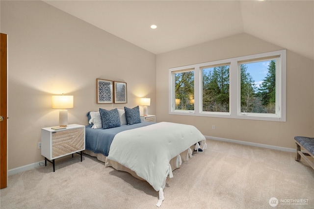 bedroom featuring recessed lighting, baseboards, lofted ceiling, and light colored carpet