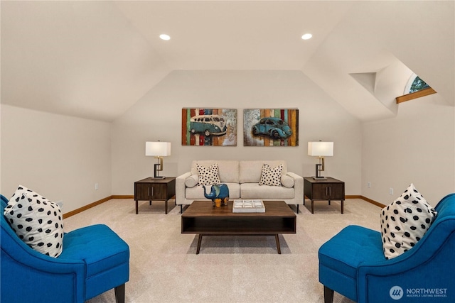 living area featuring vaulted ceiling, carpet, and baseboards