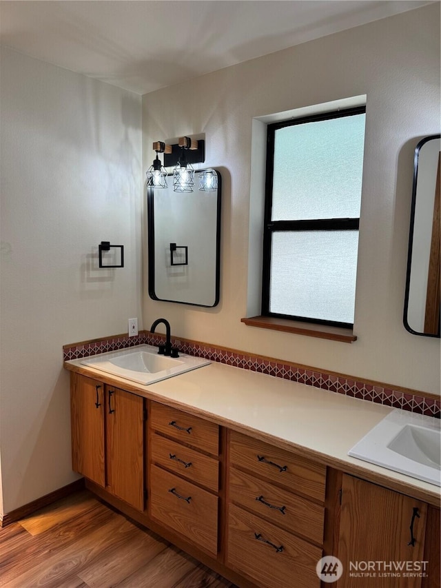 bathroom with a sink, wood finished floors, and double vanity