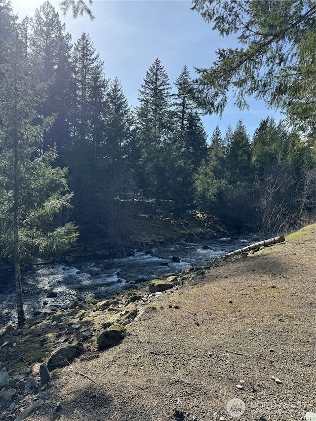 view of water feature with a wooded view