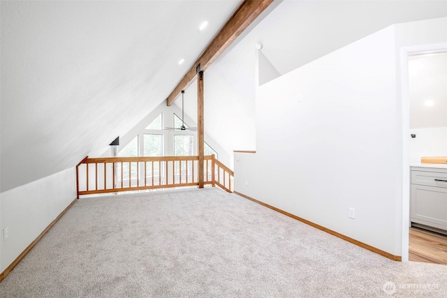 213 Crescent Beach Dr, Packwood, WA 98361 - additional living space with light carpet, vaulted ceiling with beams, and baseboards