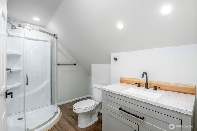 213 Crescent Beach Dr, Packwood, WA 98361 - full bathroom featuring toilet, a stall shower, baseboards, wood finished floors, and vanity