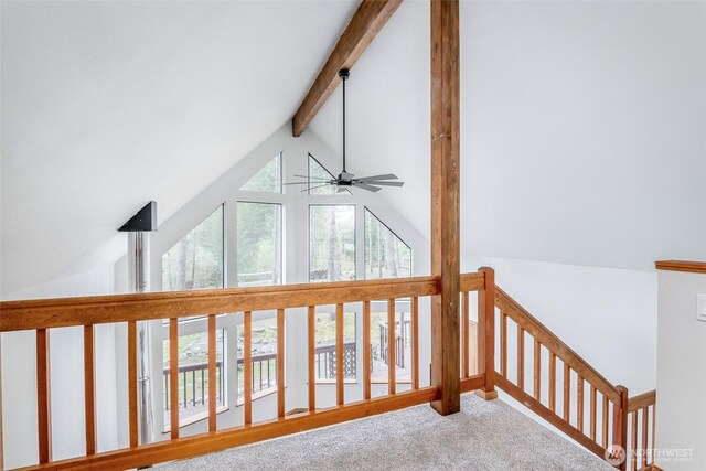 213 Crescent Beach Dr, Packwood, WA 98361 - interior space featuring beamed ceiling, carpet flooring, high vaulted ceiling, and ceiling fan